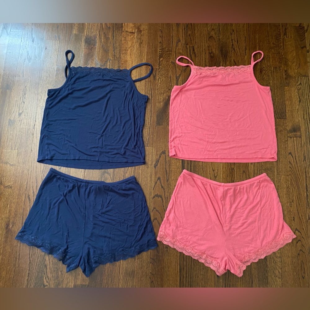 Set of 2 Women's Lace-Trim Cami & Short Sleep Set (M)- Navy &Coral (4pcs total) - Picture 2 of 15